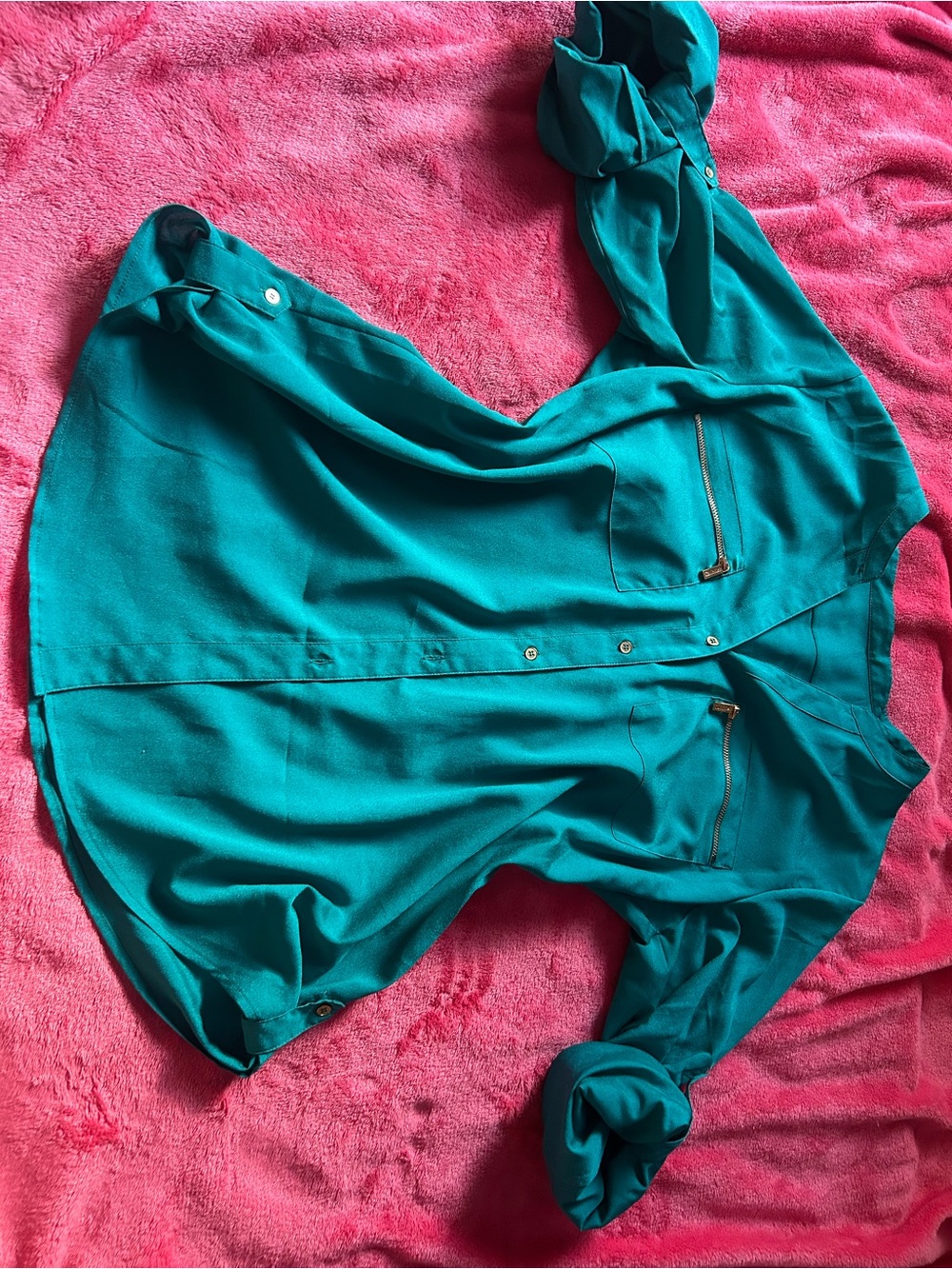 Teal Button-Front Women's Blouse with Zip Pocket Accents